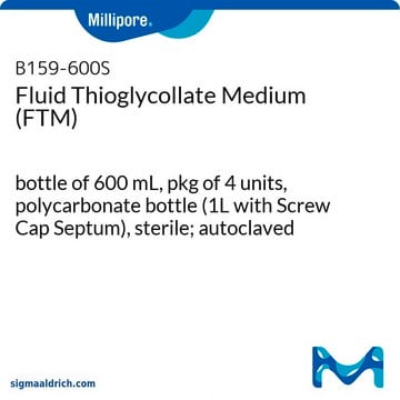 Fluid Thioglycollate Medium (FTM) bottle of 600&#160;mL, pkg of 4&#160;units, polycarbonate bottle (1L with Screw Cap Septum), sterile; autoclaved