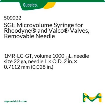 SGE Microvolume Syringe for Rheodyne&#174; and Valco&#174; Valves, Removable Needle 1MR-LC-GT, volume 1000&#160;&#956;L, needle size 22 ga, needle L × O.D. 2&#160;in. × 0.7112&#160;mm (0.028&#160;in.)