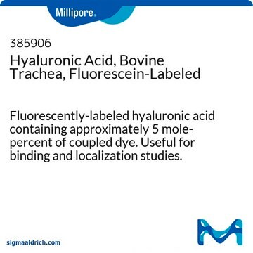 Hyaluronic Acid, Bovine Trachea, Fluorescein-Labeled Fluorescently-labeled hyaluronic acid containing approximately 5 mole-percent of coupled dye. Useful for binding and localization studies.