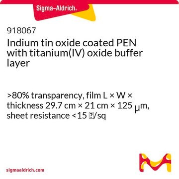 Indium tin oxide coated PEN with titanium(IV) oxide buffer layer &gt;80% transparency, film L × W × thickness 29.7&#160;cm × 21&#160;cm × 125&#160;&#956;m, sheet resistance &lt;15&#160;&#937;/sq