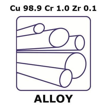 Copper-chromium-zirconium alloy, Cu98.9Cr1.0Zr0.1 100mm rod, 25mm diameter