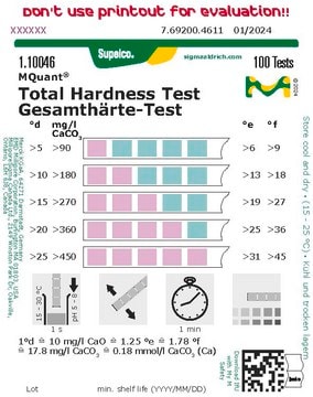 Ensayo de dureza total colorimetric, water hardness 5-25&#160;°d, for use with MQuant&#174; StripScan App, water hardness 6-31&#160;°e, water hardness 9-45&#160;°f, MQuant&#174;