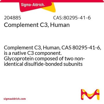 Complement C3, Human Complement C3, Human, CAS 80295-41-6, is a native C3 component. Glycoprotein composed of two non-identical disulfide-bonded subunits of 115 kDa (&#945;) and 75 kDa (&#946;).