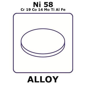 Waspaloy - heat resisting alloy, Ni58Cr19Co14MoTiAlFe foil, 50mm disks, 0.25mm thickness, annealed