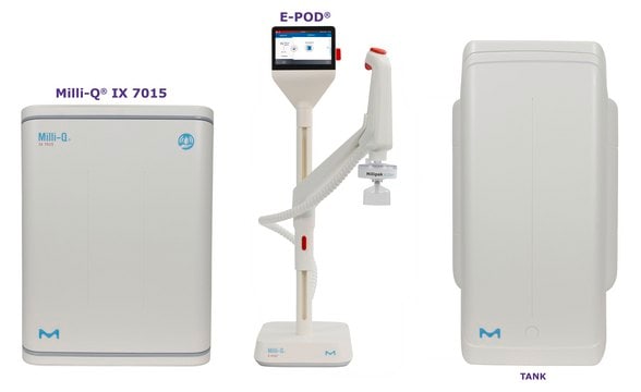 Sistema de agua purificada Milli-Q&#174; IX con dispensador E-POD&#174; input: potable tap water, output: type 2 water (> 5&#160;M&#937;·cm), The most advanced pure water system for the production of Elix&#174; quality water at a flow rate of 15 L/h, with E-POD&#174; pure water dispenser.