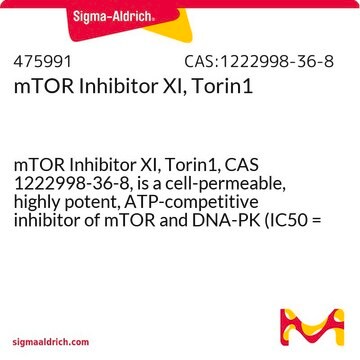 mTOR-Inhibitor&nbsp;XI, Torin1 mTOR Inhibitor XI, Torin1, CAS 1222998-36-8, is a cell-permeable, highly potent, ATP-competitive inhibitor of mTOR and DNA-PK (IC50 = 4.32 and 6.34 nM, respectively).