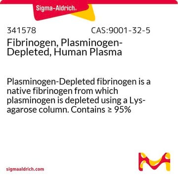 Fibrinogen, Plasminogen-Depleted, Human Plasma Plasminogen-Depleted fibrinogen is a native fibrinogen from which plasminogen is depleted using a Lys-agarose column. Contains &#8805; 95% clottable proteins.