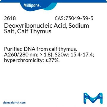 Deoxyribonucleic Acid, Sodium Salt, Calf Thymus Purified DNA from calf thymus. A260/280 nm: &#8805; 1.8); S20w: 15.4-17.4; hyperchromicity: &#8805;27%.