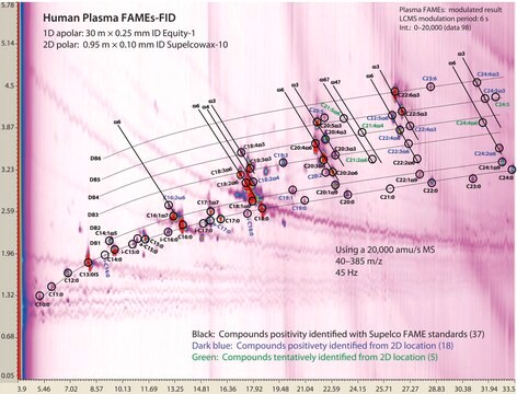 GCxGC Analysis of FAMEs in Human Plasma on Equity-1 x SUPELCOWAX 10, Non-Polar to Polar Strategy suitable for GC