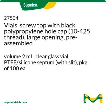 Vials, screw top with black polypropylene hole cap (10-425 thread), large opening, pre-assembled volume 2&#160;mL, clear glass vial, PTFE/silicone septum (with slit), pkg of 100&#160;ea