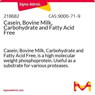 Casein, Bovine Milk, Carbohydrate and Fatty Acid Free Casein, Bovine Milk, Carbohydrate and Fatty Acid Free, is a high molecular weight phosphoprotein. Useful as a substrate for various proteases. Supplied as Hammarsten grade material.