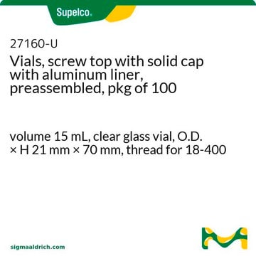 Vials, screw top with solid cap with aluminum liner, preassembled, pkg of 100 volume 15&#160;mL, clear glass vial, O.D. × H 21&#160;mm × 70&#160;mm, thread for 18-400