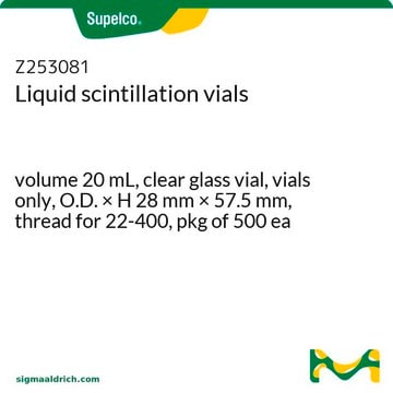 Liquid scintillation vials volume 20&#160;mL, clear glass vial, vials only, O.D. × H 28&#160;mm × 57.5&#160;mm, thread for 22-400, pkg of 500&#160;ea