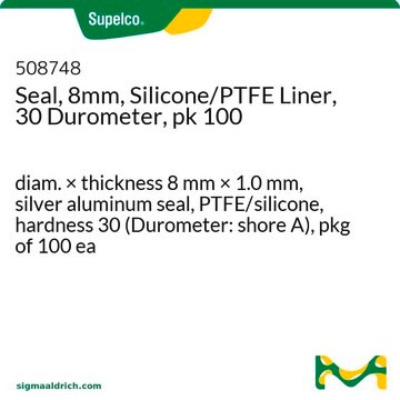 Seal, 8mm, Silicone/PTFE Liner, 30 Durometer, pk 100 diam. × thickness 8&#160;mm × 1.0&#160;mm, silver aluminum seal, PTFE/silicone, hardness 30 (Durometer: shore A), pkg of 100&#160;ea