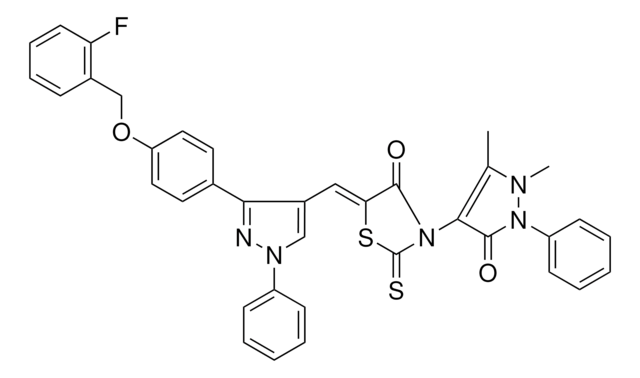 (5Z)-3-(1,5-DIMETHYL-3-OXO-2-PHENYL-2,3-DIHYDRO-1H-PYRAZOL-4-YL)-5-[(3-{4-[(2-FLUOROBENZYL)OXY]PHENYL}-1-PHENYL-1H-PYRAZOL-4-YL)METHYLENE]-2-THIOXO-1,3-THIAZOLIDIN-4-ONE AldrichCPR