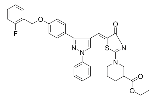 ETHYL 1-{(5Z)-5-[(3-{4-[(2-FLUOROBENZYL)OXY]PHENYL}-1-PHENYL-1H-PYRAZOL-4-YL)METHYLENE]-4-OXO-4,5-DIHYDRO-1,3-THIAZOL-2-YL}-3-PIPERIDINECARBOXYLATE AldrichCPR