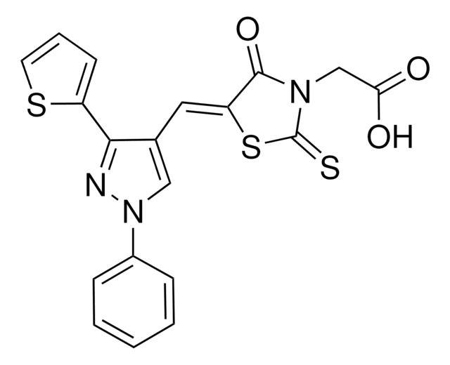 ((5Z)-4-OXO-5-{[1-PHENYL-3-(2-THIENYL)-1H-PYRAZOL-4-YL]METHYLENE}-2-THIOXO-1,3-THIAZOLIDIN-3-YL)ACETIC ACID AldrichCPR